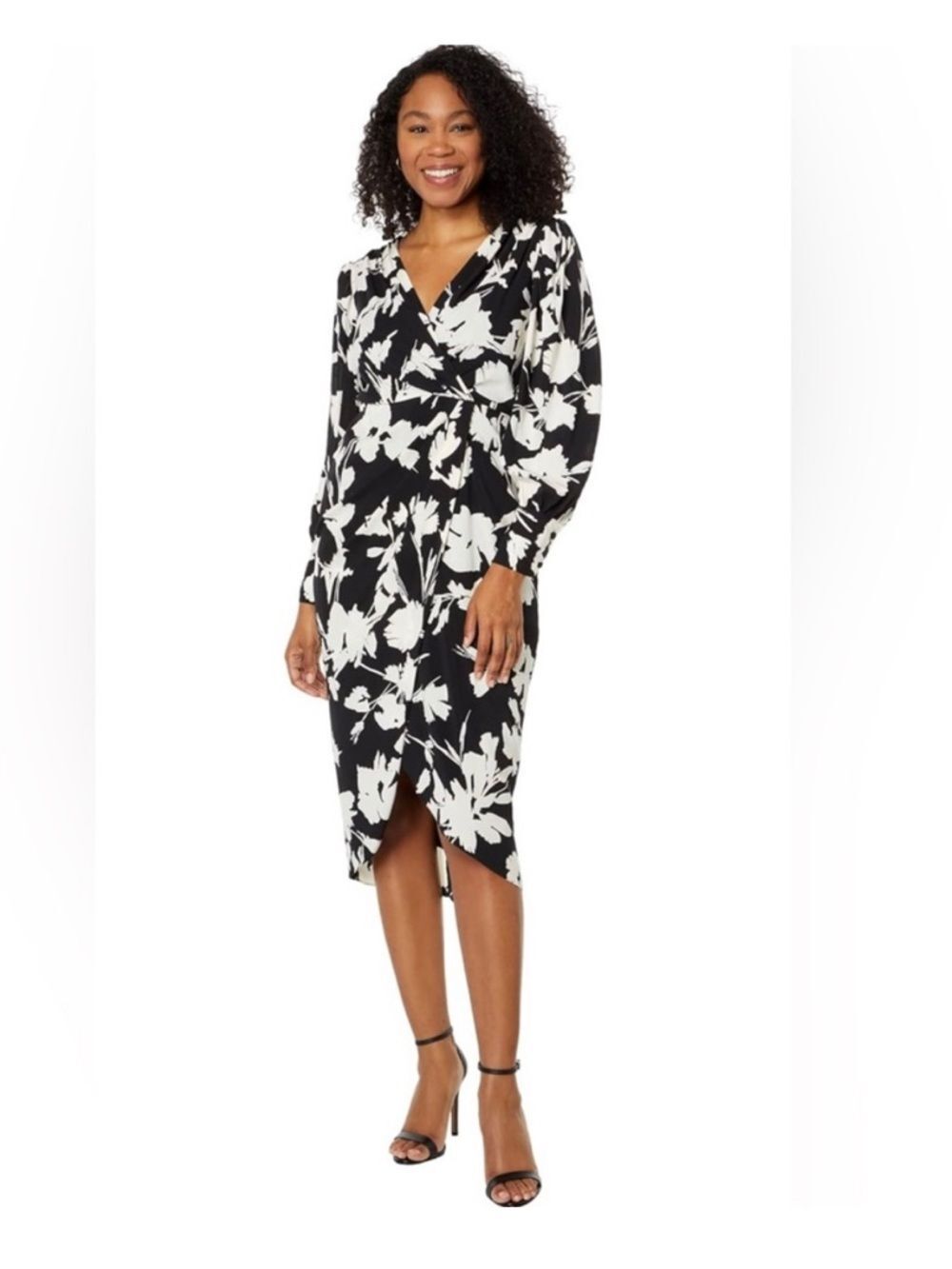 Maggy London Black & White Floral Wrap Midi Dress NEW